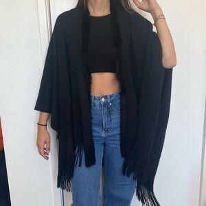 Cejon Black Fringe Shawl with Fur Trim